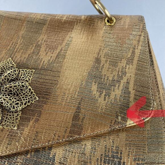 VTG 50s INGE Flap Satchel Bag Gold Chevron Leather Old Money Filigree Flower NWT - Picture 6 of 9